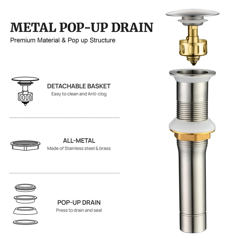 Pop up Sink Drain Stopper Without Overflow Brushed Nickel for