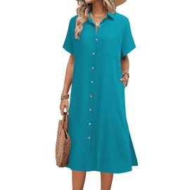 HOTOUCH Womens Collared Linen Shirt Dress Summer Casual Button Down Solid Color Dress Side Slit Midi Dresses with Pockets