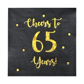 Cheers to 65 Years Cocktail Napkins | Happy 65th Birthday Decorations for Men and Women and Wedding Anniversary Party Decorations | 50-Pack 3-Ply Napkins | 5 x 5 inch folded (Black)