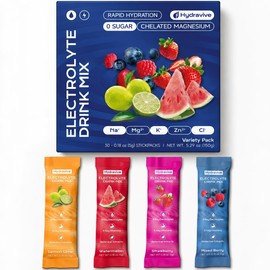 Hydravive Sugar Free Electrolyte Powder Packs - Variety Pack Daily IV Hydration Drink Mix with Ashwagandha, L-Theanine, Lion’s Mane & B Vitamins - Rapid Recovery Energy Support Supplement (30 Sticks)
