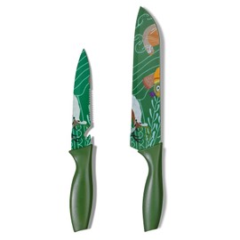 Plys Kitchen Knife Set - 2 Piece Animal Coated Knife Set, Stainless Steel Paring Knife, Santoku Knife Set with Ergonomic Plastic Handles (Dark Green)
