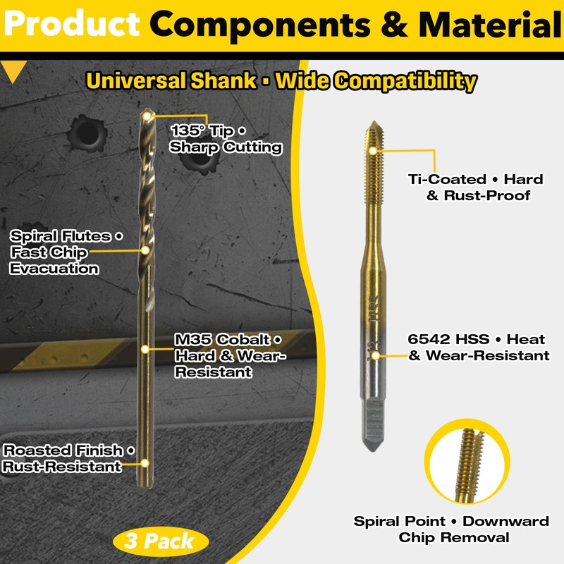3-Pack Metric Tap & Drill Bit Set - M3×0.5 Ti-Coated