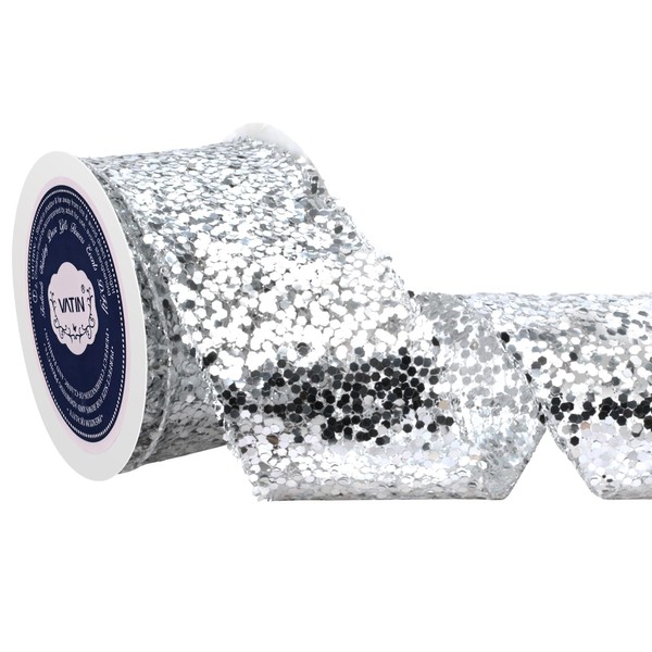 VATIN Silver Glitter Wired Ribbon for Christmas, Diamond Mesh Sparkling