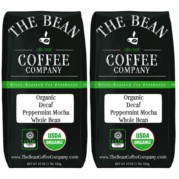 The Bean Coffee Company Organic Decaf Peppermint Mocha, Medium Roast, Whole Bean, 16-Ounce Bags (Pack of 2)