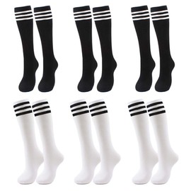 Ymkf Sqqr 6 Pairs Knee High Soccer Socks for Kids, Youth Sports Uniform Socks, Striped Stocking for 8-12 Year Old Boys Girls, Black/White