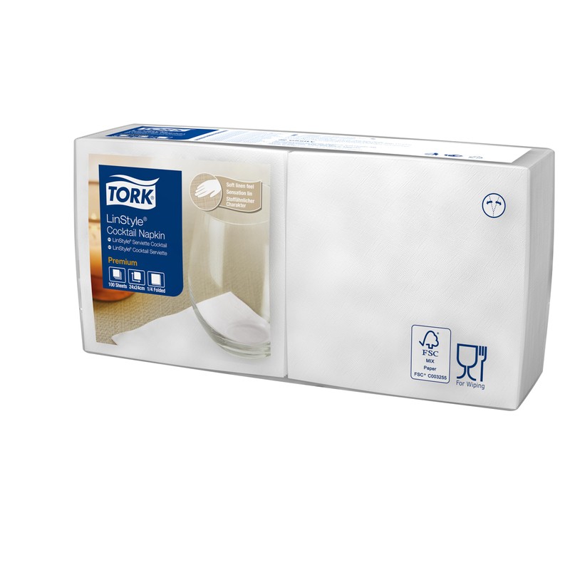 Tork LinStyle Cocktail Napkins, White, 1/4 Fold, Heavy Duty, 23.8