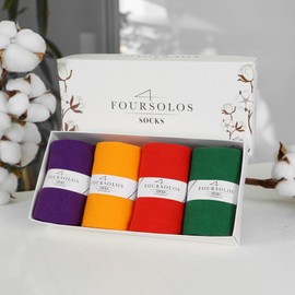 FOURSOLOS Women Christmas Socks Size, 4 Pairs Cotton Crew Socks Gift Set - Soft Breathable Solid Colors (Green, Red, Yellow, Purple) (US, Numeric, 6, 12, Regular, Regular)