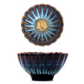 HOHCNA Jianzhan Tenmoku Tea Cup with Gold Peacock, 3D Chinese Kungfu Tea Cup Porcelain Master Teacup - 4 oz