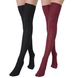 BABAHU Extra Long Cotton Thigh High Socks Over the Knee High Boot Stockings Cotton Leg Warmers (UK, Alpha, One Size, Regular, Regular, Black & Burgundy)