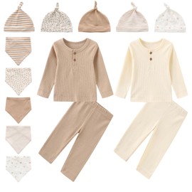 Chamie Infant Baby Boys Clothing Sets Newborn Baby Cotton Romper Outfits Suit Toddler Kids Ribbed Clothes 14pcs Long Sleeves T-Shirt + Solid color Pants + Hats + Bibs 0-24 Months