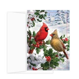 Masterpiece Cardinal Couple Christmas Cards / 16 Festive Holiday Cards With Coordinating White Envelopes Set / 5 5/8" x 7 7/8" Winter Cardinals Greeting Cards With Inside Verse/Made In The USA