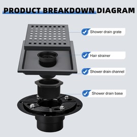 morefine Square Shower Drain with Flange, Shower Drain 6 inch with Removable Grate Cover, SUS 304 Stainless Steel, Matte Black