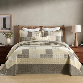 DDUOXIN King Bedspread 120" W x120 L - 100% Cotton Oversized King Quilt with 2 Pillow Shams, Farmhouse Stripe Bedspread Reversible Lightweight Coverlet Set, Beige/Brown/Gray, 3 Piece