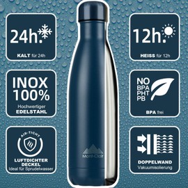 Mont-Clair l'O Stainless Steel Drinking Bottle - Thermos Flask - BPA-Free - Water Bottle, Stainless Steel Drinking Bottle 750 ml - 24 Hours Cold & 12 Hours Warm - Leak-Proof Drinking Bottle - Dark