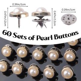 URROMA 60 Sets Gold Pearl Buttons, No Sew Buttons for Clothes Removable Pearl Brooch Pins Bulk Reusable Snaps Pearls for Crafts DIY Projects