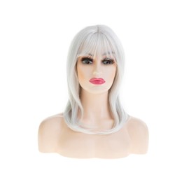 Beweig Layered White Wigs for Women Shoulder Length Straight Wig with Bangs Natural Synthetic Cosplay Replacement