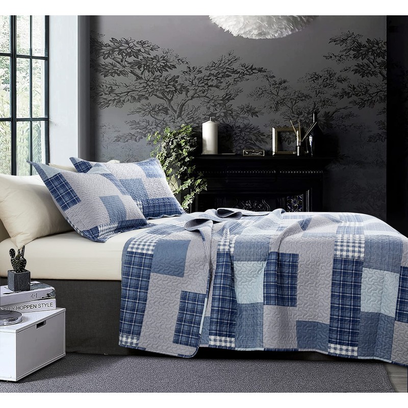 Bedspread Set Queen/Full Size Plaid Quilt Bedding Queen Grey Blue