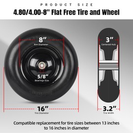 (2-PACK) 4.80/4.00-8" Tire and Wheel - Universal Fit 16" Flat Free Solid Wheelbarrow Tires with 3" Hub and 5/8" Bearings – Extra Adapter kit includes 3/4" Ball Bearings, 1" and 1/2" Nylon Spacers