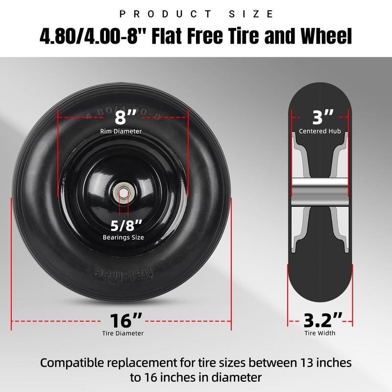 (2-PACK) 4.80/4.00-8" Tire and Wheel - Universal Fit 16" Flat