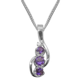 925 Sterling Silver Real Natural Amethyst & Diamond Womens Pendant & Chain Necklace - Chain length 18