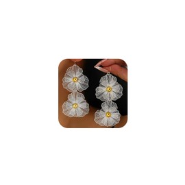 Dainty Large Gold Double Flower Drop Dangle Earrings for Women Statement Trendy Y2K Silver Floral Petal Stud Earring Boho Jewelry Costume Accessories (Silver)