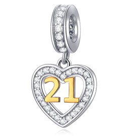 21 Years of Love Birthday Charms fits Pandora Women Bracelet, 18K Golden Number 21, 925 Sterling Silver Heart Bead Pendant with CZ, 21st Milestones Gifts for Friend/Sister