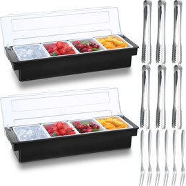 Gandeer 2 Ice Cooled Garnish Tray Deck Bar Garnish Caddy Condiment Containers with Lids and Removable Chilled Condiment Server with 6 Tongs and 6 Fruit Forks (4 Compartments)