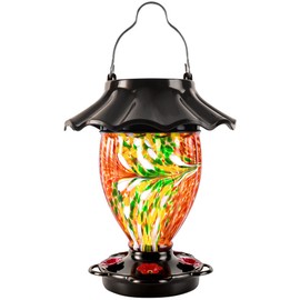 LUJII Solar Hummingbird Feeder for Outdoors Hanging with Color Changing, Hand Blown Glass Reservoir, 32 fl.oz, Never Leak, Lighted Lantern for Garden Decor, Unique Gift for Bird Lover (Red)