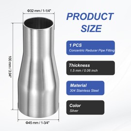 PATIKIL Concentric OD Pipe Fitting 1-3/4" (45mm) to 1-1/4" (32mm) OD 304 Stainless Steel Bat Weld Tube Long Reducer Exhaust Pipe Food Beverage HVAC Plumbing Silver