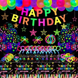 Pack of 259 Luminous Party Items Glow Sticks Party Pack Glow Themed Party Hanging Decorations Birthday Party Decoration Tablecloth, Balloons, Sticks, Glasses and Headband