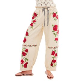 Kedera Women's Causal Baggy Boyfriend Jeans Vintage Wide Leg Floral Embroidered Mid Rise Barrel Denim Ankle Pants