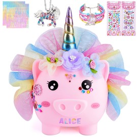 Piggy Bank for Girls Large Unicorn Piggy Banks with Necklace Bracelet DIY Stickers Cute Coin Piggybank Unbreakable for Toddler Kids Christmas Birthday Gifts, Rainbow Dress