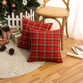 Qelus Christmas Cushion Covers set of 4, Tartan Scottish Throw Pillow Cases, Plaid Check Pillow Covers 45 x 45 cm, Soft Cotton Polyester for Car Sofa Bedroom Xmas Decoration, 18x18 Inch, Red Yellow