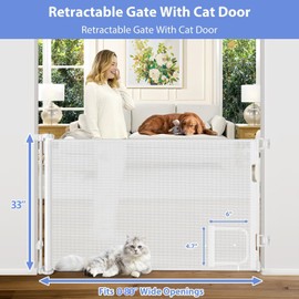 Retractable Baby Gates with Cat Door 80" Wide Retractable Dog Gate with Pet Door Outdoor Retractable Gate for Dogs Retractable Pet Gate with Door Mesh Baby Gate Retractable Mesh Dog Gate (White)