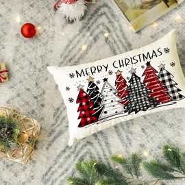 RABUSOFA Christmas Pillow Covers 12x20 Inch,Merry Christmas Decorations Throw Pillow Covers Tree Snowflake Xmas Lumbar Cushion Covers for Sofa Home Outdoor Couch Winter Decor Red White Black(16-R12)