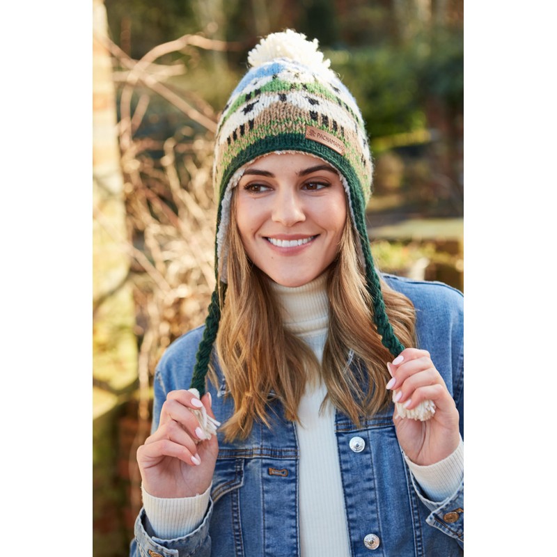 Pachamama Women Wool Bobble Beanie Hat Ear Flaps Handknitted Cute