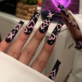 Vezocim Press on Nails Long Coffin 24Pcs Glossy Full Cover Acrylic Square Black False Nails with Pink Heart Star Designs Ballerina Extra Long Artificial Reusable Fake Nails with Charm for Women