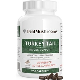 Real Mushrooms Turkey Tail Capsules - Organic Mushroom Supplement with Potent Extract for Gut, Energy, Brain, Immune Support Vegan Extract, Non-GMO, 200 Caps