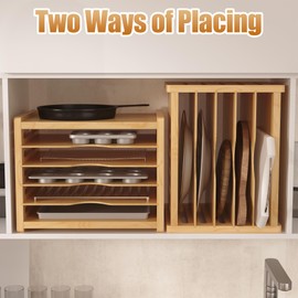 KUJIBGY 6 Tier Wooden Tray Dividers for Cabinets, Kitchen Vertical Cookie Sheet Organizer, Baking Trays Storage Rack for Baking Pans, Cutting Board