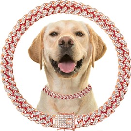 Dog Chain Collar with Bling，Sparkly Diamond Metal Cuban Link Dog Collars,Rhinestone Rose Gold Dog Necklace Collar for Small Medium Large Pet Dogs Cats，8 Inch