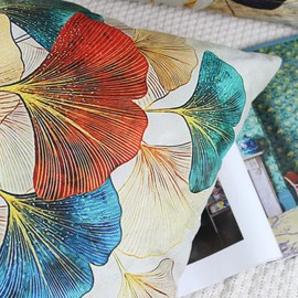 NIULAA Set of 4 Cushion Covers 50cm x 50cm Modern Gold and Teal Leaves Decorative Throw Pillow Cases Ginkgo Home Decor Square Cushion Covers 20x20 inches