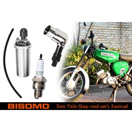 Ignition Set, 4-Piece 6 V Ignition Coil + Spark Plug Beru M14 260 + Spark Plug Connector 5 K-Ohm, 90° + 25 cm Ignition Cable for Simson S50 S51 S70 SR50 SR80 KR51 SR4
