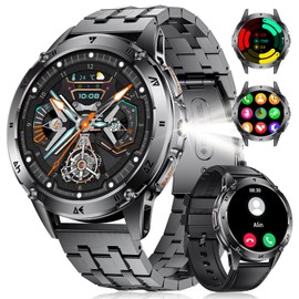 FOXBOX Men's Military Smartwatch 1.43 Inch AMOLED 530 mAh 5ATM Waterproof 100+ Sports Modes Bluetooth Call Health Monitoring Step Calorie Heart Rate Blood Pressure Sleep Android iOS Jet Black