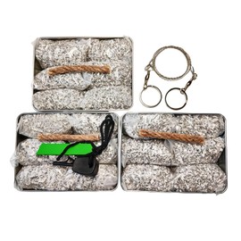 Emergency Fire Starter Magnesium 6 Bags Wax Infused Jute Rope Ferro Rod Striker Saw Wire for Camping Hiking Bushcraft Hurricane + Free Tin Container (18 Bags + 3 Wax Ropes + Ferro Rod + Saw Wire)