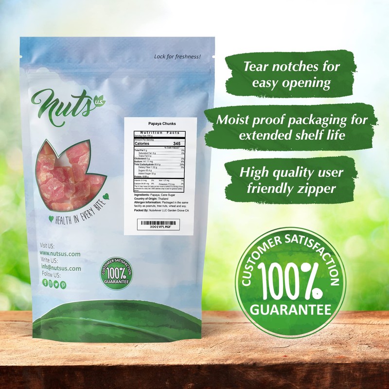 NUTS U.S. - Unsulphured Dried Papaya Chunks | Low Sugar