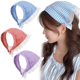 Thinslimer 3PCS Gingham Headband with Ruffle Trim,Non-Slip Hair Soft Head Coverings Triangle Bandana Turban for Hair Styling