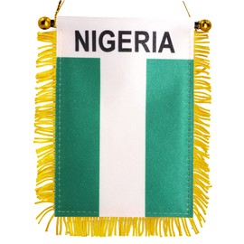 Anley 4 X 6 Inch Nigeria Fringy Window Hanging Flag - Mini Flag Banner & Car Rearview Mirror Décor - Fringed & Double Sided - Nigerian Hanging Flag with Suction Cup