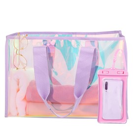 Motomy Large Beach Tote Bag for Women 26L Waterproof Sandproof Iridescent Phone Pouch Clear Tote Bag for Beach Travel Cruise Purple