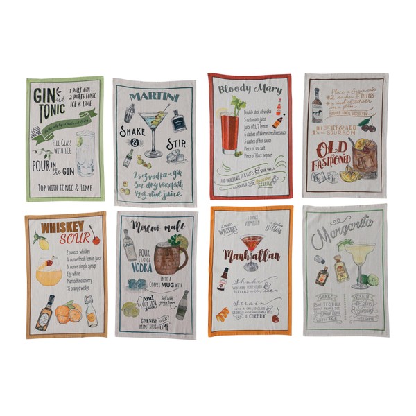Creative Co-Op Cotton Printed Tea Towel with Cocktail Recipe Prints,