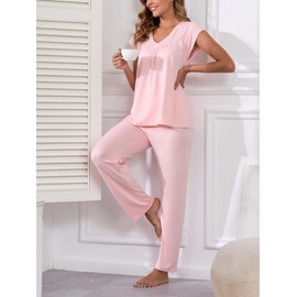 Famulily Ladies Cute Summer Pyjamas Set Pleated Tshirt and Loose Pants Casual Cotton Pjs Nightwear with Pockets Pink XL